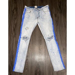 KDNK Men's Skinny Fit Blue Paint Striped Destroyed Jeans 34” x 32”